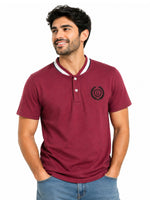 Men’s Signature Embroidered Contrast Neck Henley T-Shirt – Maroon