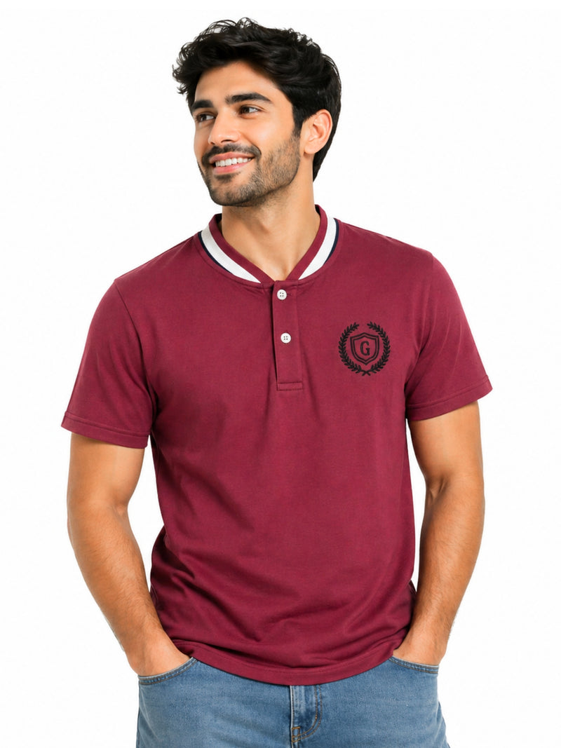 Men’s Signature Embroidered Contrast Neck Henley T-Shirt – Maroon