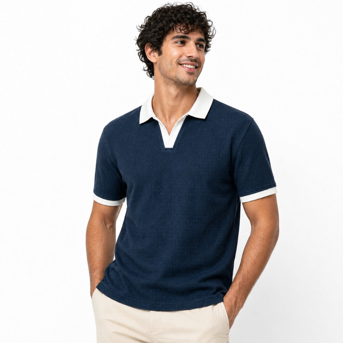 Men’s Classic Thermal Knit Contrast Collar Polo Shirt – Navy Blue