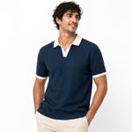 Men’s Classic Thermal Knit Contrast Collar Polo Shirt – Navy Blue