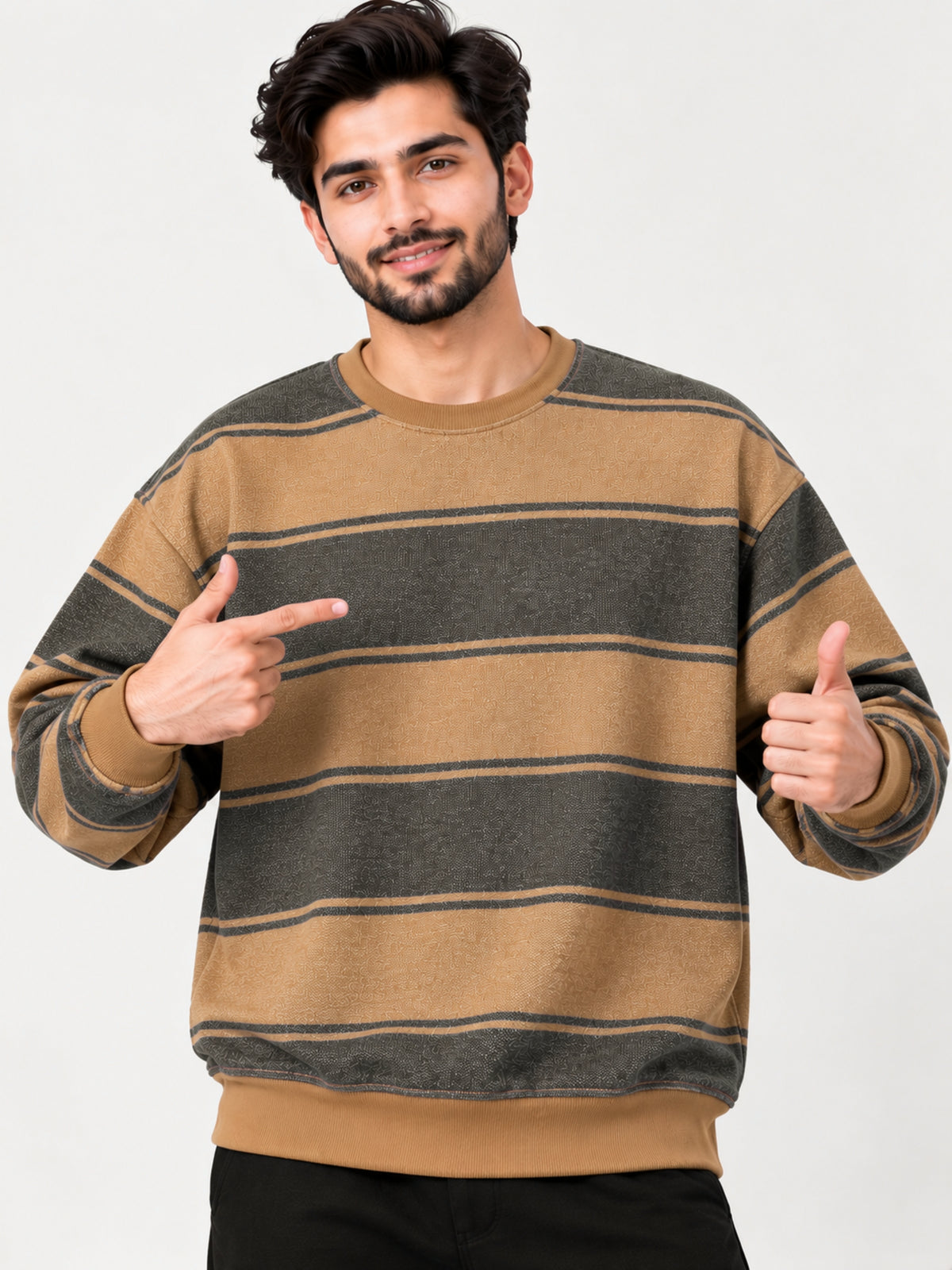 Men's Drop Shoulder Striped Terry Sweatshirt – Camel & Charcoal