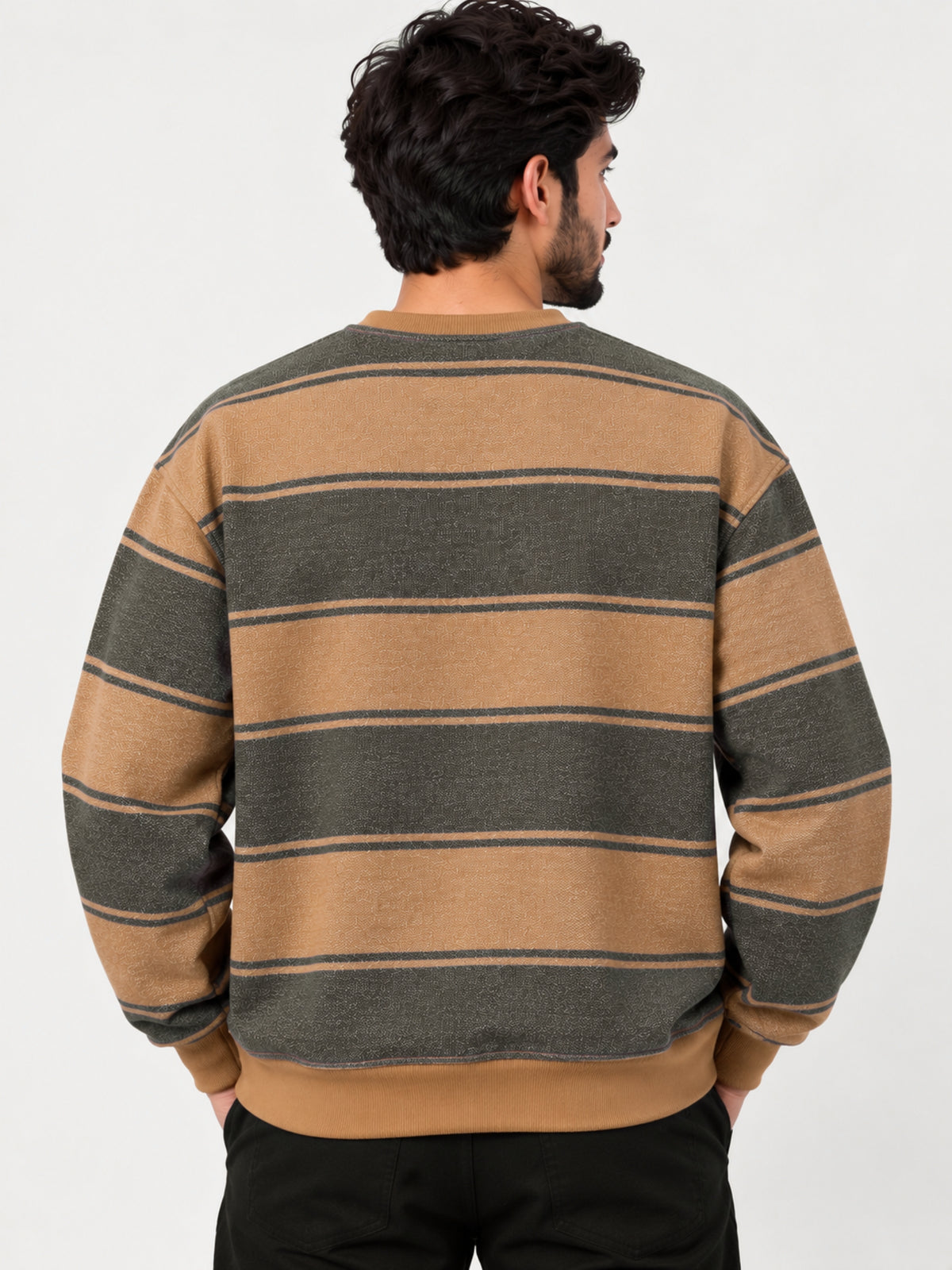 Men's Drop Shoulder Striped Terry Sweatshirt – Camel & Charcoal