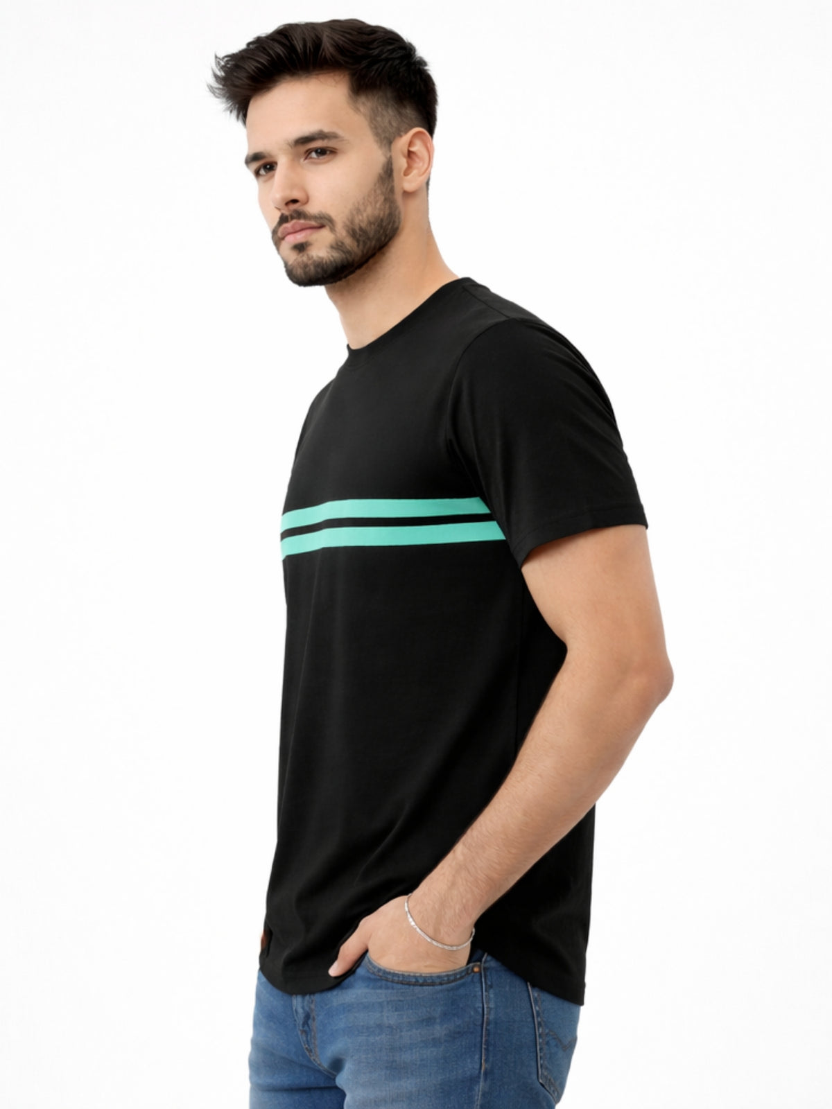 Men’s Premium Contrast Chest Stripe T-Shirt – Black