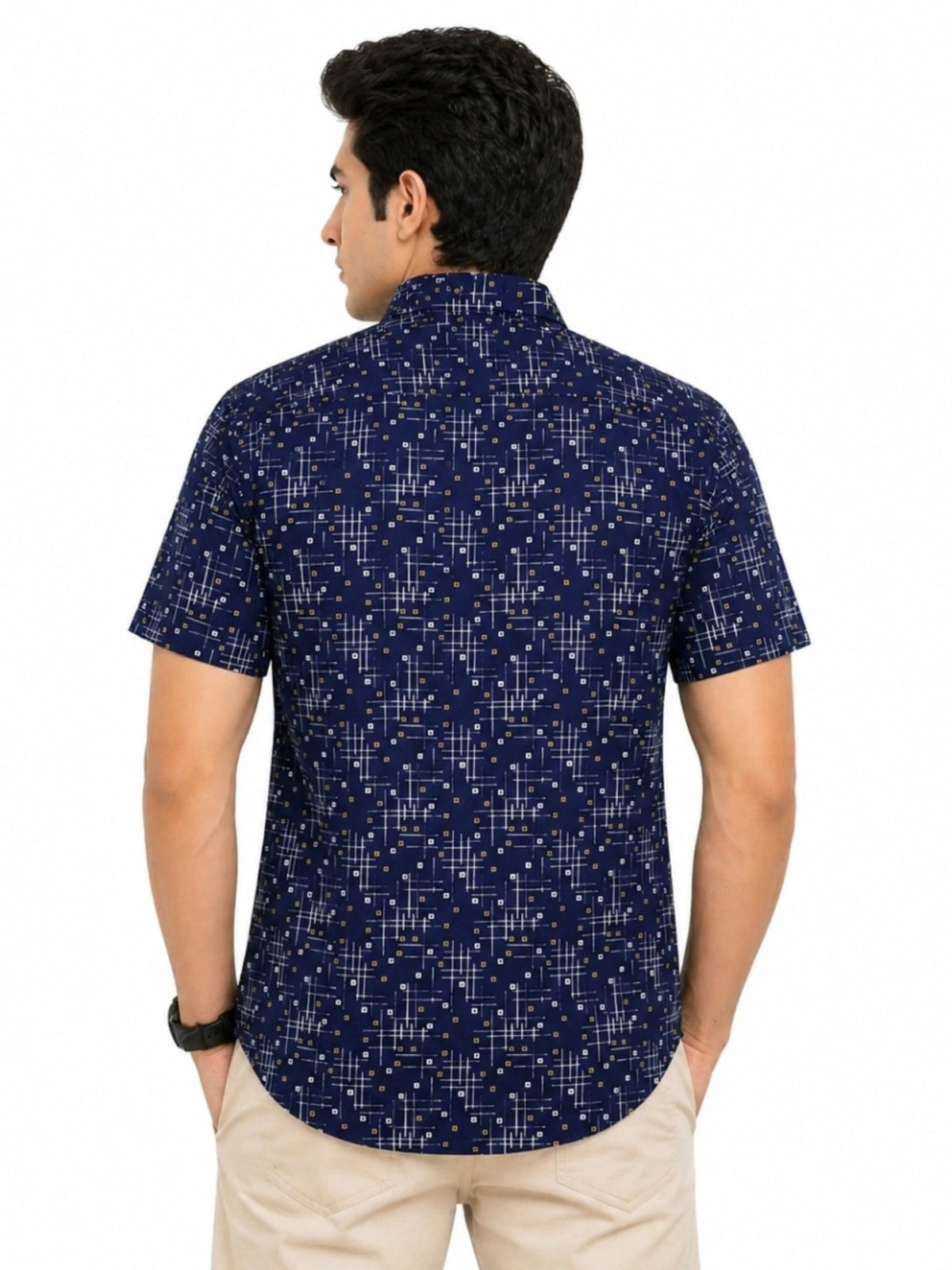 Men’s Geometric Pattern Half Sleeve Casual Shirt – Navy