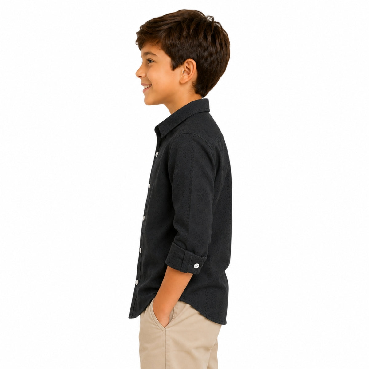 Boy's Elegant Self Printed Full Sleeves Casual Shirt - Black