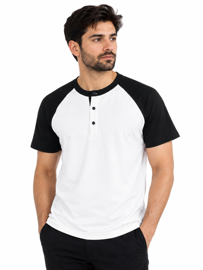 Men’s Casual Comfort Raglan Henley Tee Shirt – White