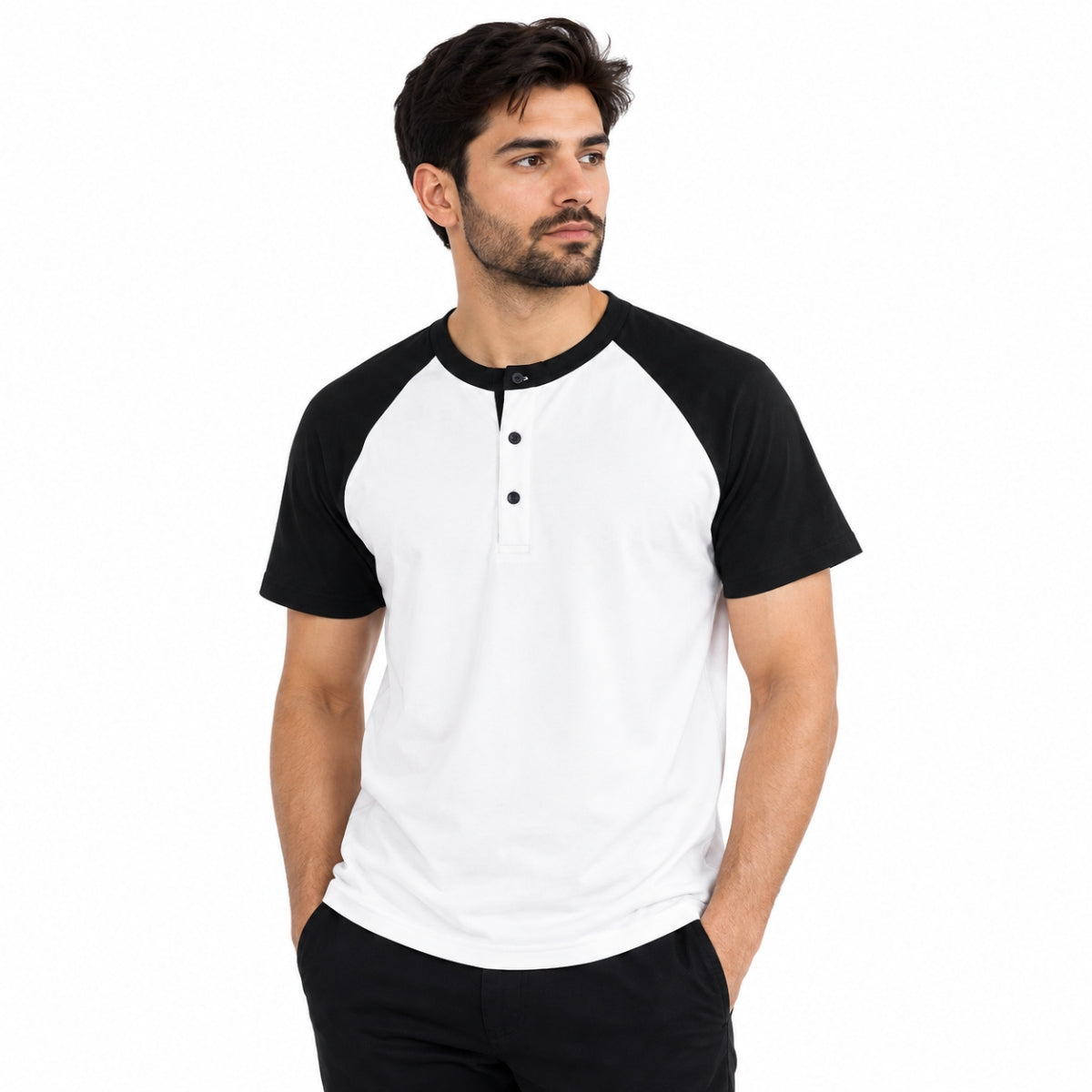Men’s Casual Comfort Raglan Henley Tee Shirt – White