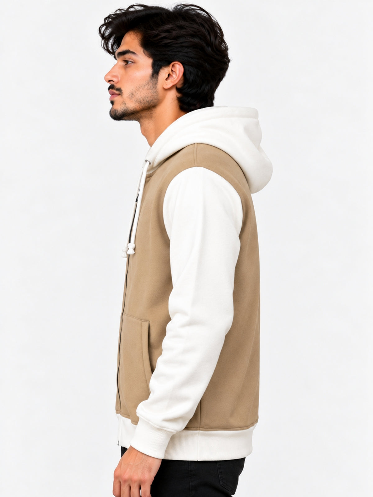 Contrast Sleeves Men Fashion Fleece Hoodie - Brown