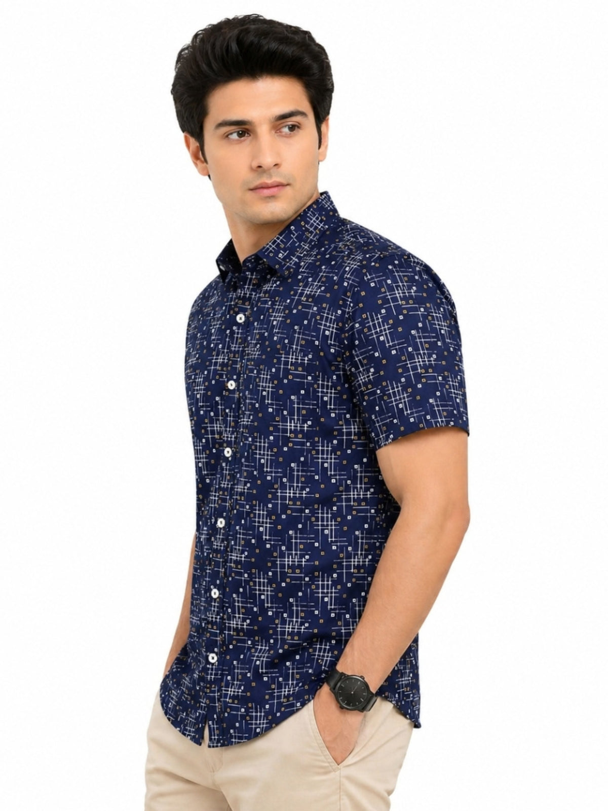 Men’s Geometric Pattern Half Sleeve Casual Shirt – Navy