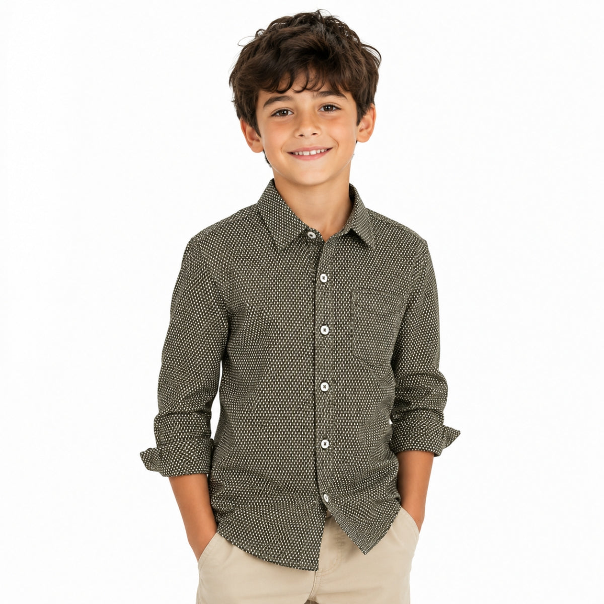 Boy's Geometric Pattern Full Sleeves Casual Shirt - Soya Bean