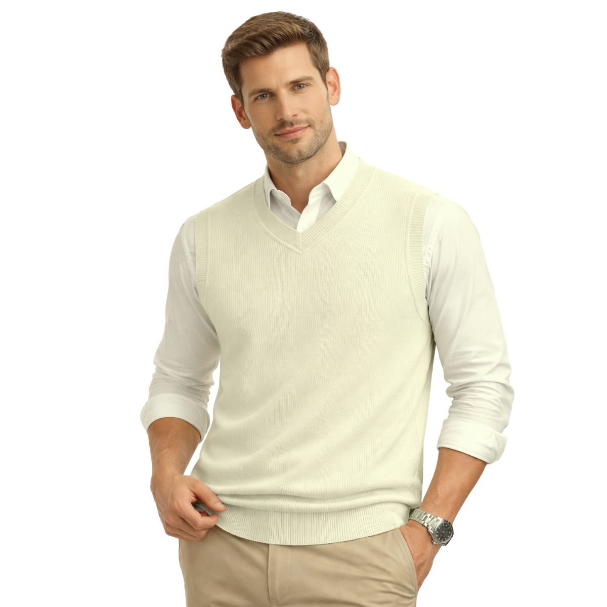 HG Men's Ribbed V-Neck Sleeveless Sweater - Cream