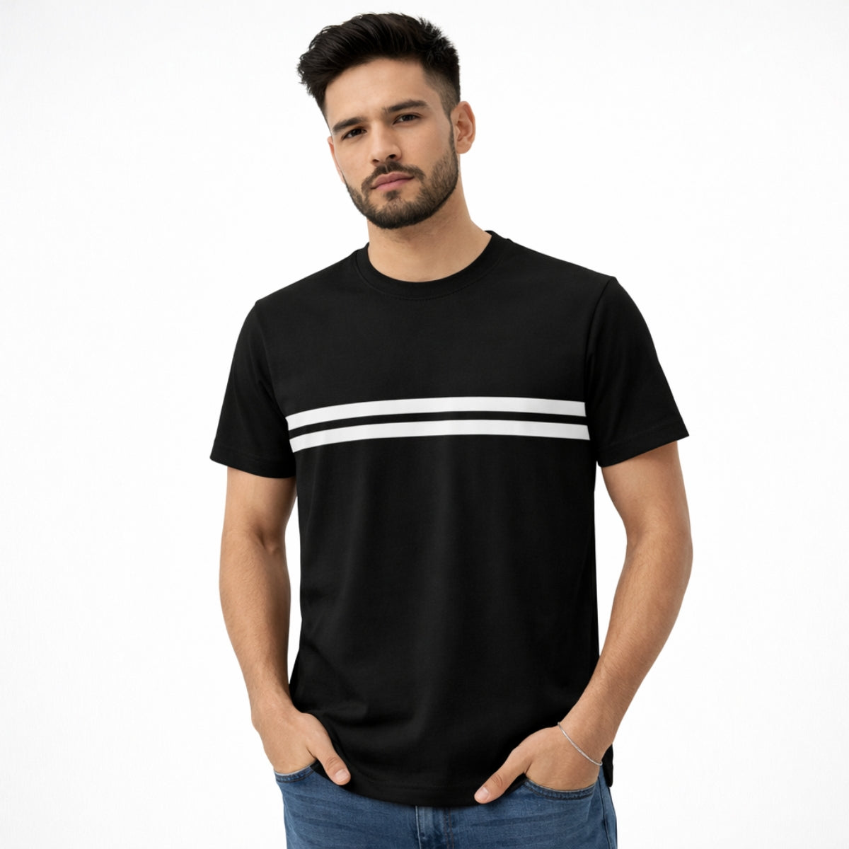 Men’s Premium Contrast Chest Stripe T-Shirt – Black