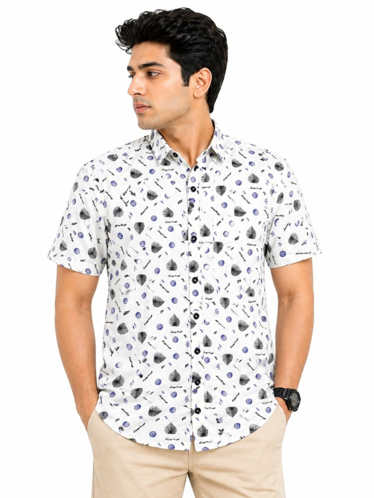 Men’s Leaf & Polka Print Half Sleeve Casual Shirt – White