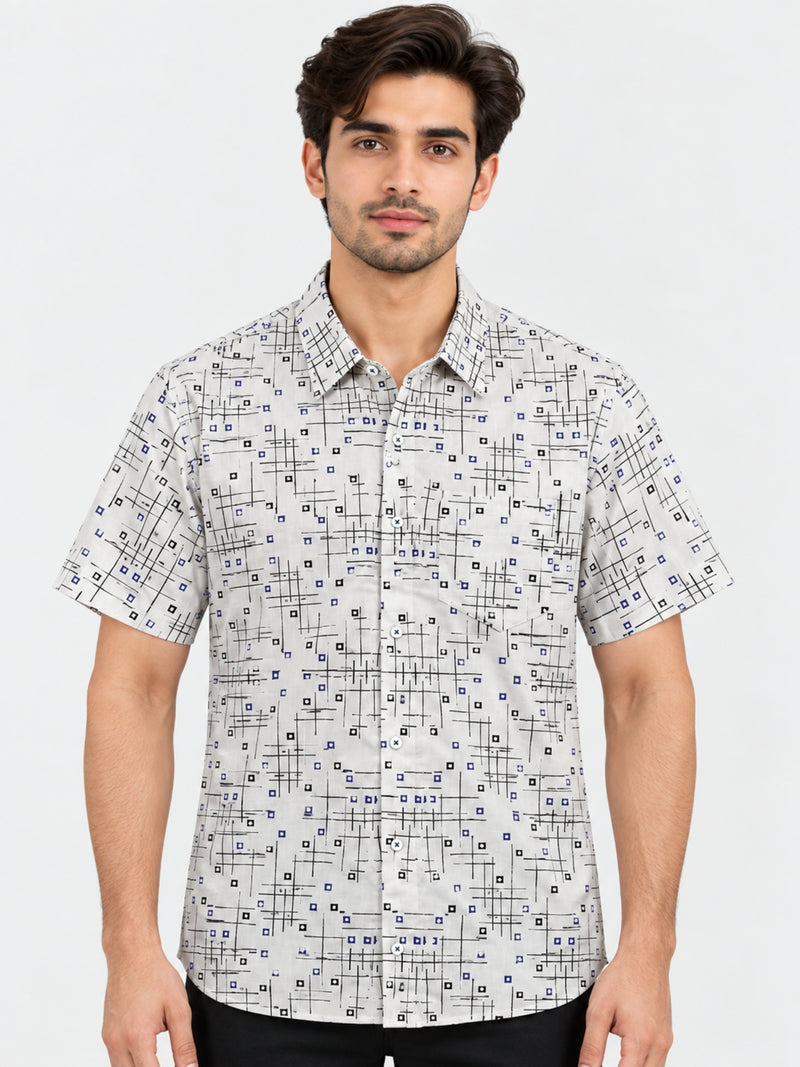 Men’s Geometric Pattern Half Sleeve Casual Shirt – White