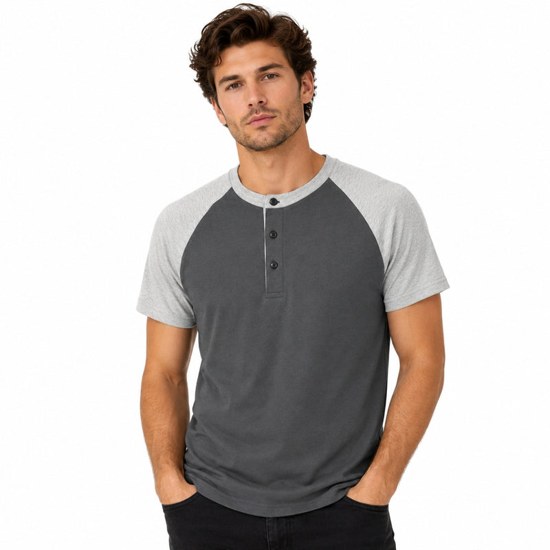 Men’s Casual Comfort Raglan Henley Tee Shirt – Dark Gray