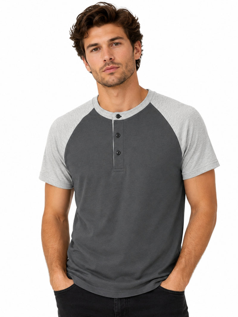 Men’s Casual Comfort Raglan Henley Tee Shirt – Dark Gray