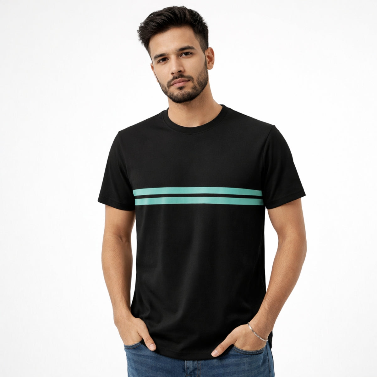 Men’s Premium Contrast Chest Stripe T-Shirt – Black