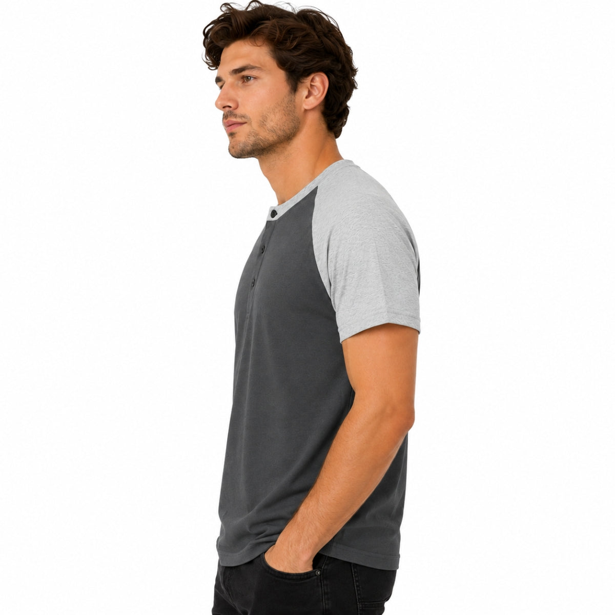 Men’s Casual Comfort Raglan Henley Tee Shirt – Dark Gray