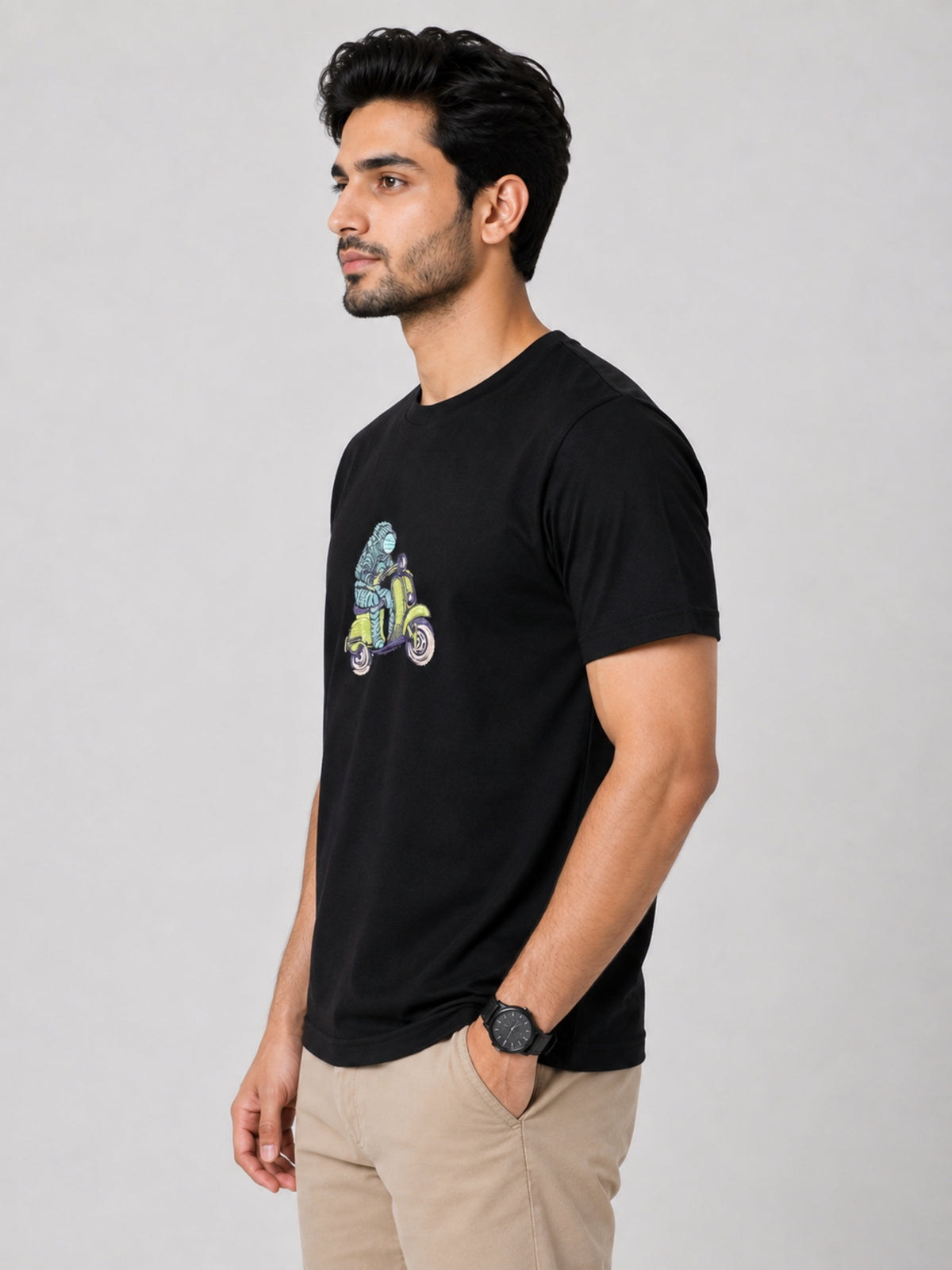 Allien Biker Embroidered Men Tee Shirt - Black