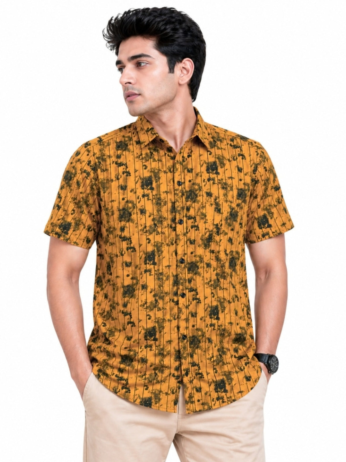 Men’s Abstract Grid Printed Casual Shirt - Mustard