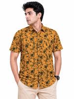 Men’s Abstract Grid Printed Casual Shirt - Mustard
