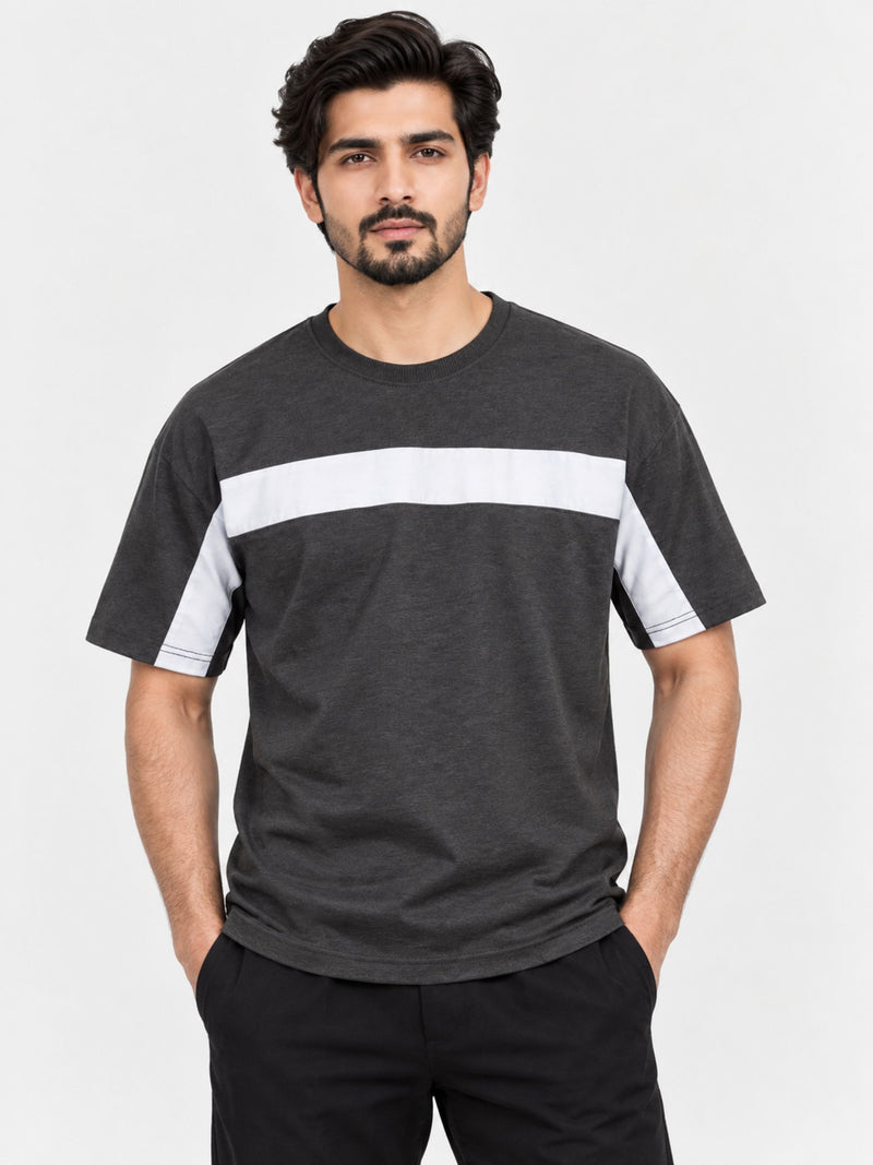Oversize White Body Panel Fashion Tee Shirt - Charcoal