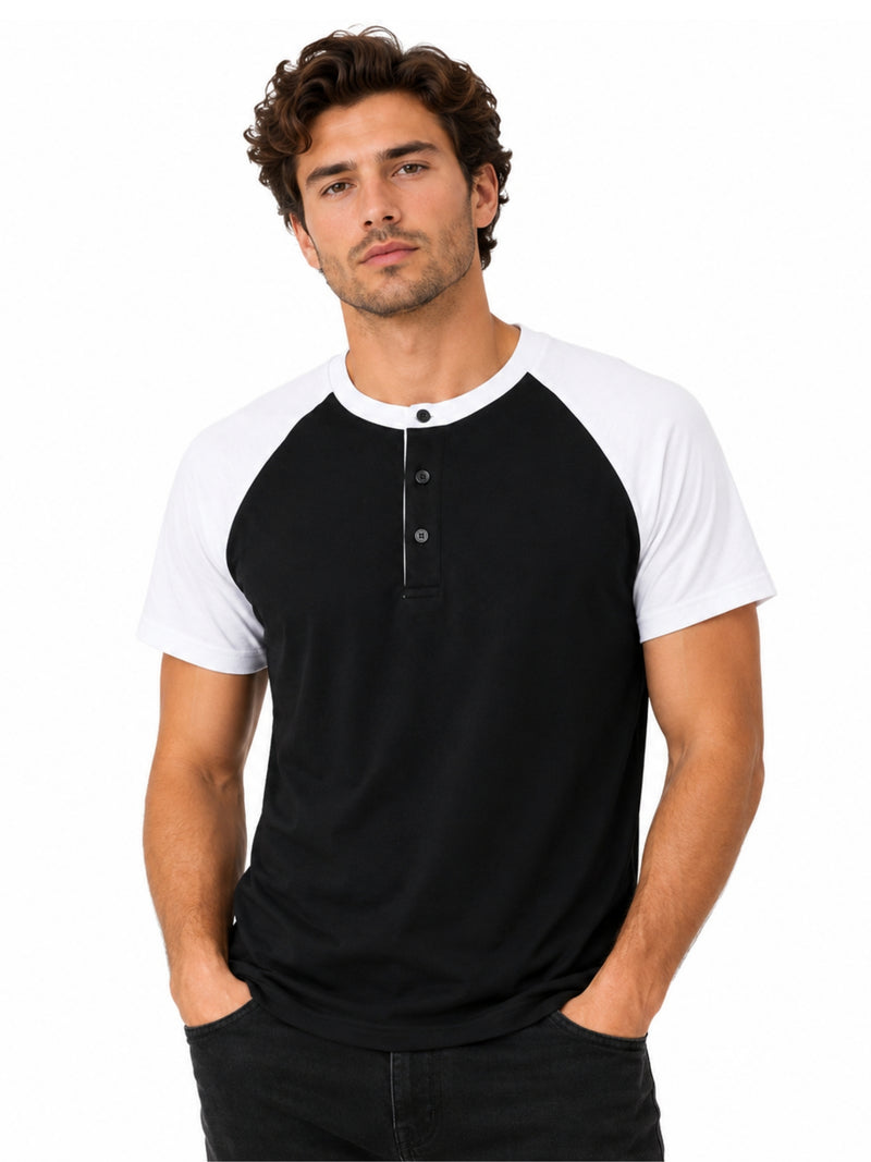 Men’s Casual Comfort Raglan Henley Tee Shirt – Black