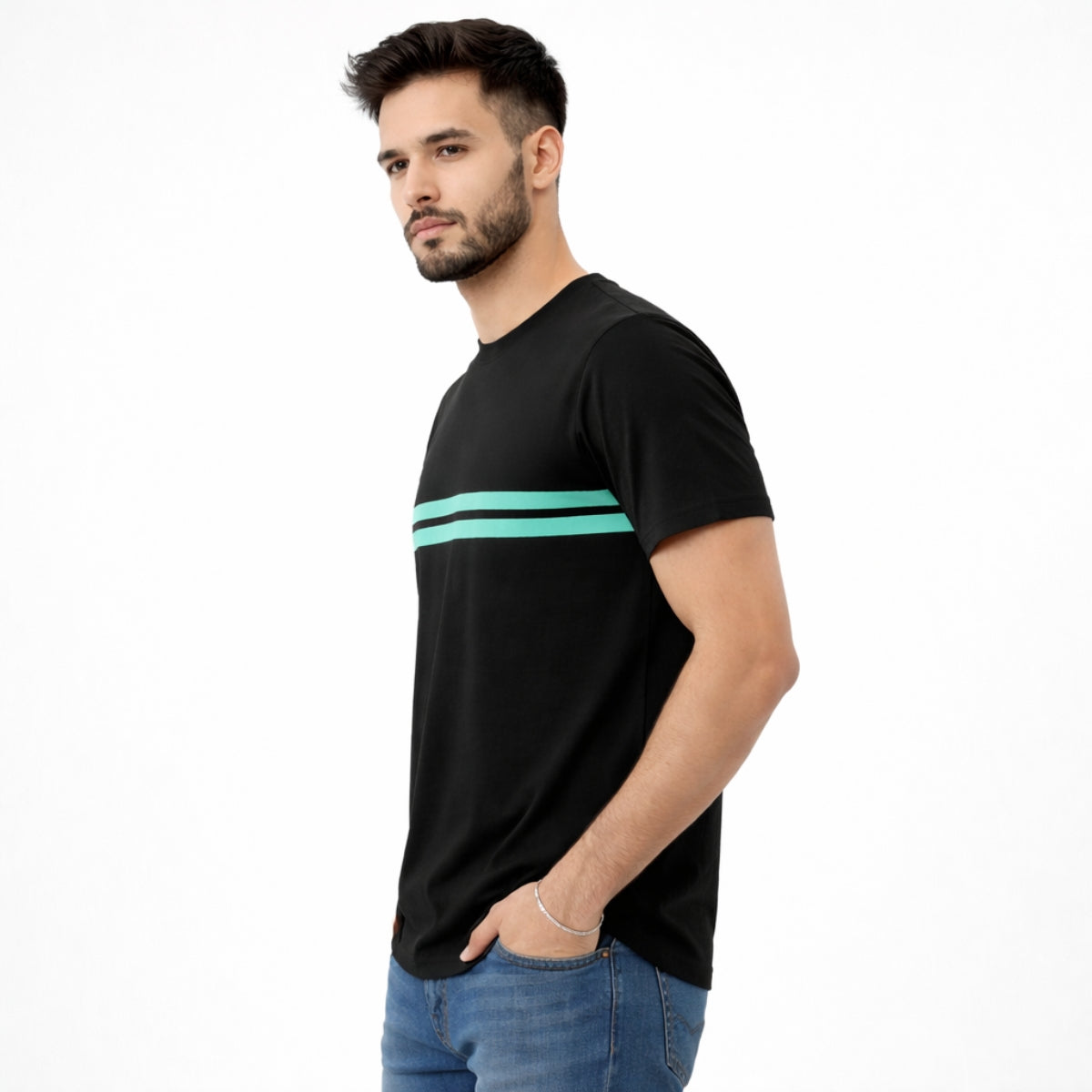Men’s Premium Contrast Chest Stripe T-Shirt – Black
