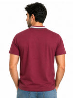 Men’s Signature Embroidered Contrast Neck Henley T-Shirt – Maroon
