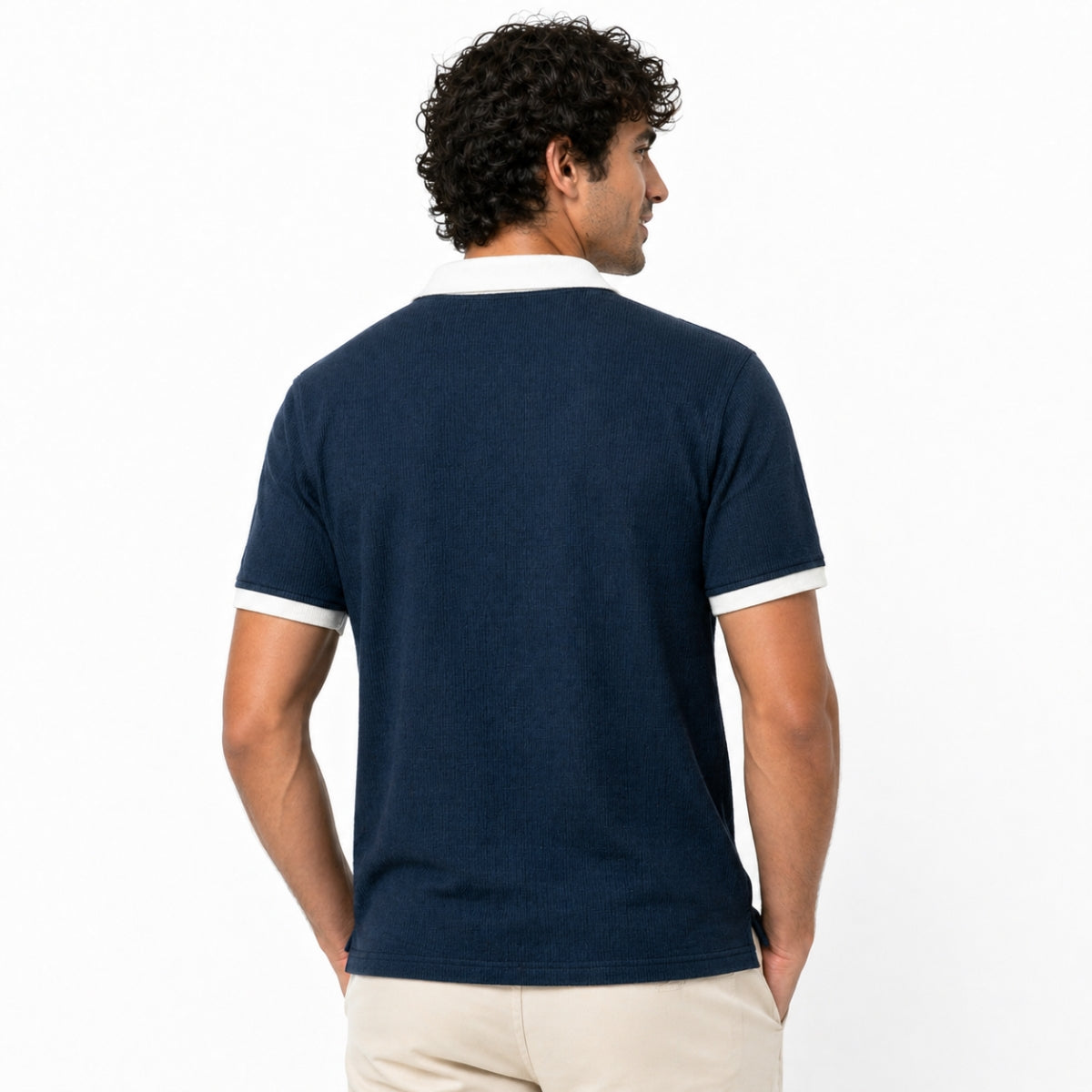 Men’s Classic Thermal Knit Contrast Collar Polo Shirt – Navy Blue