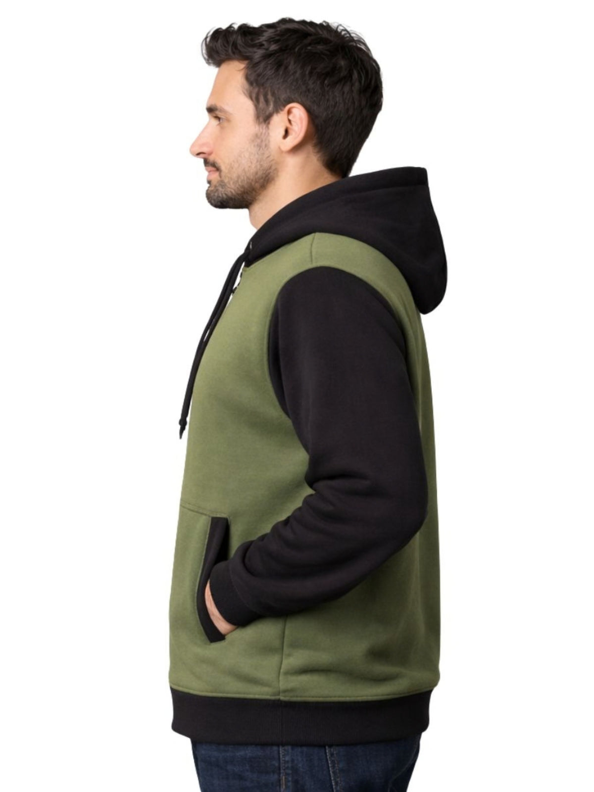 HG Two-Tone Fleece Zip-Up Hoodie – Olive Green & Black