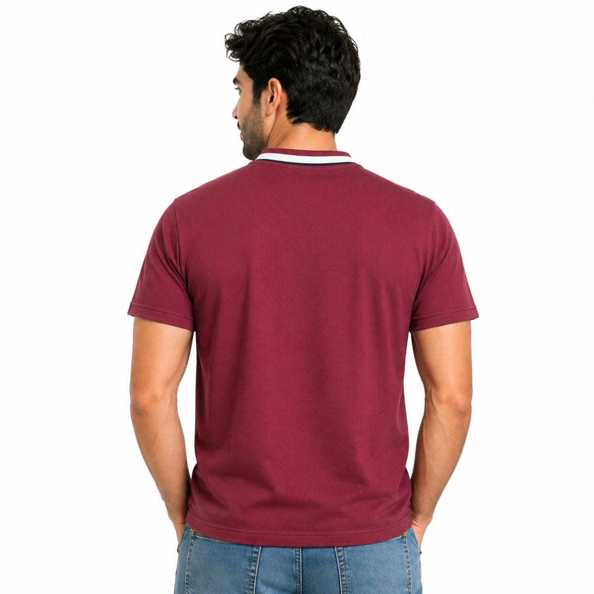 Men’s Signature Embroidered Contrast Neck Henley T-Shirt – Maroon