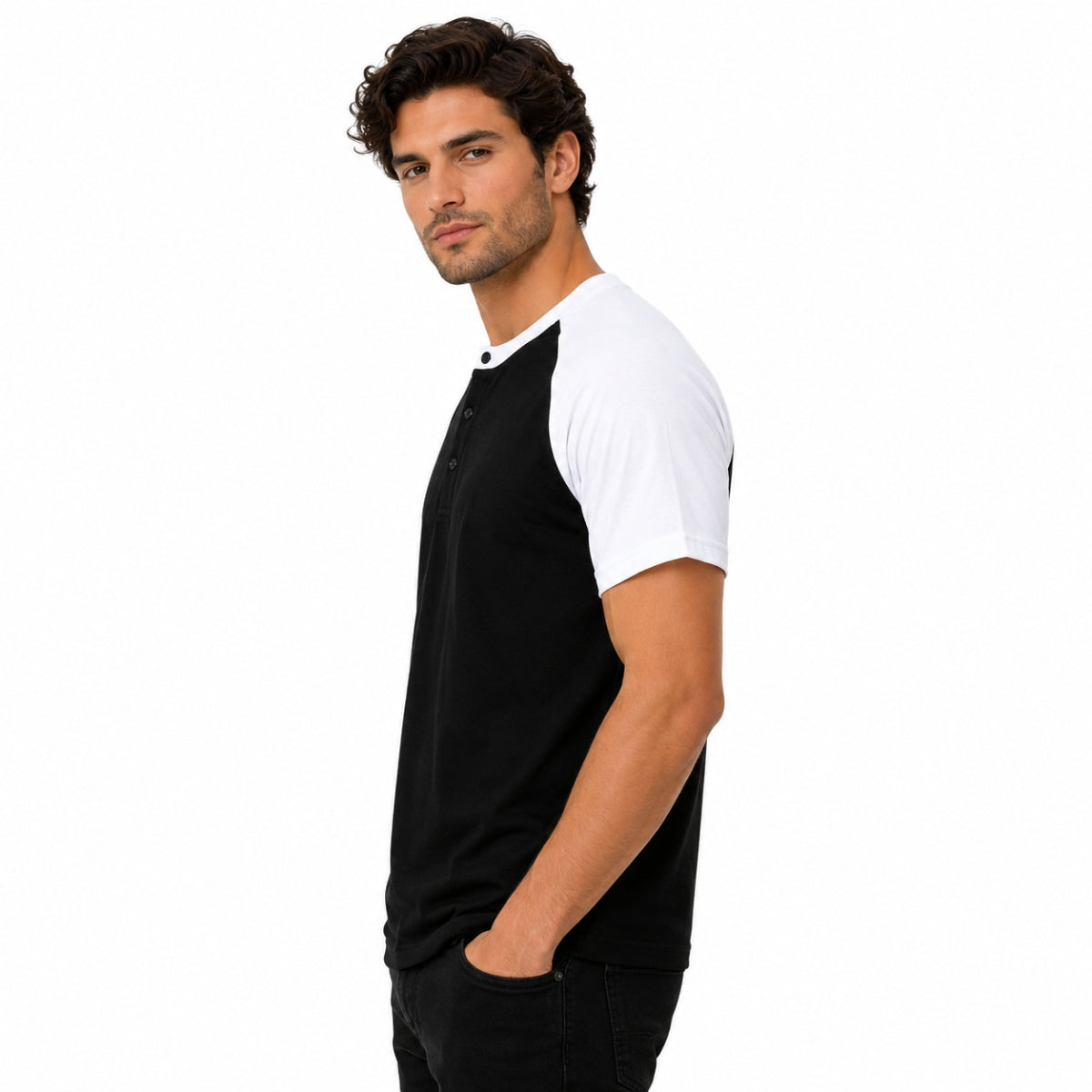 Men’s Casual Comfort Raglan Henley Tee Shirt – Black