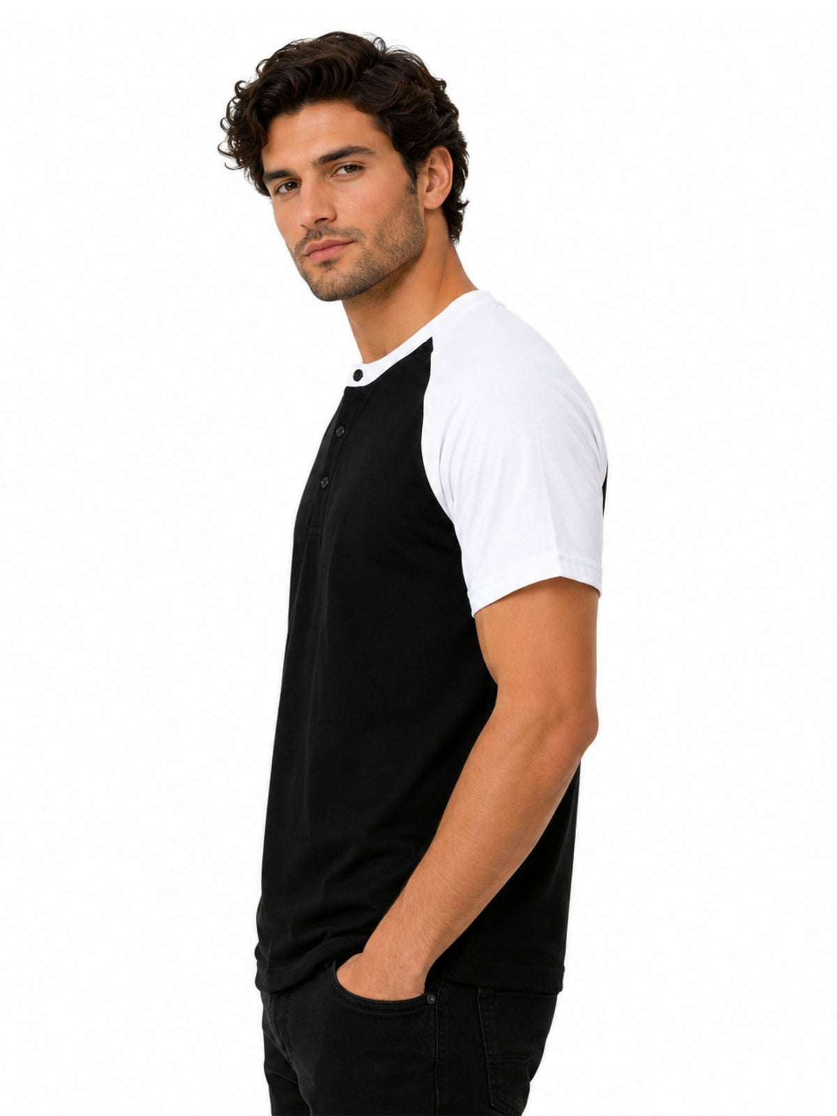 Men’s Casual Comfort Raglan Henley Tee Shirt – Black