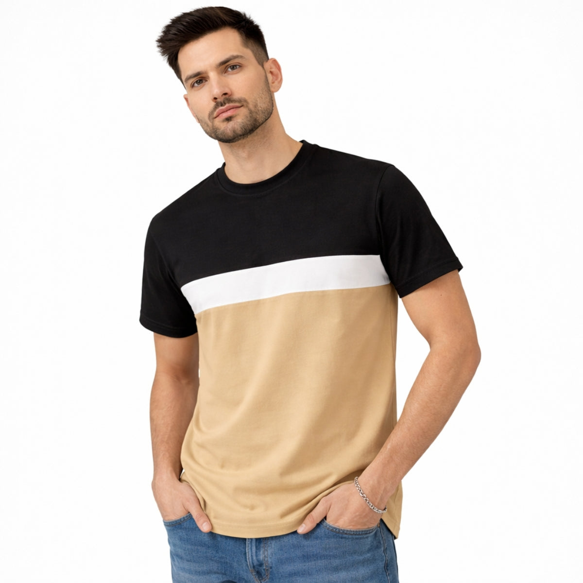 Men's Cut & Sew panel Tee Shirt - Black, White & Skin