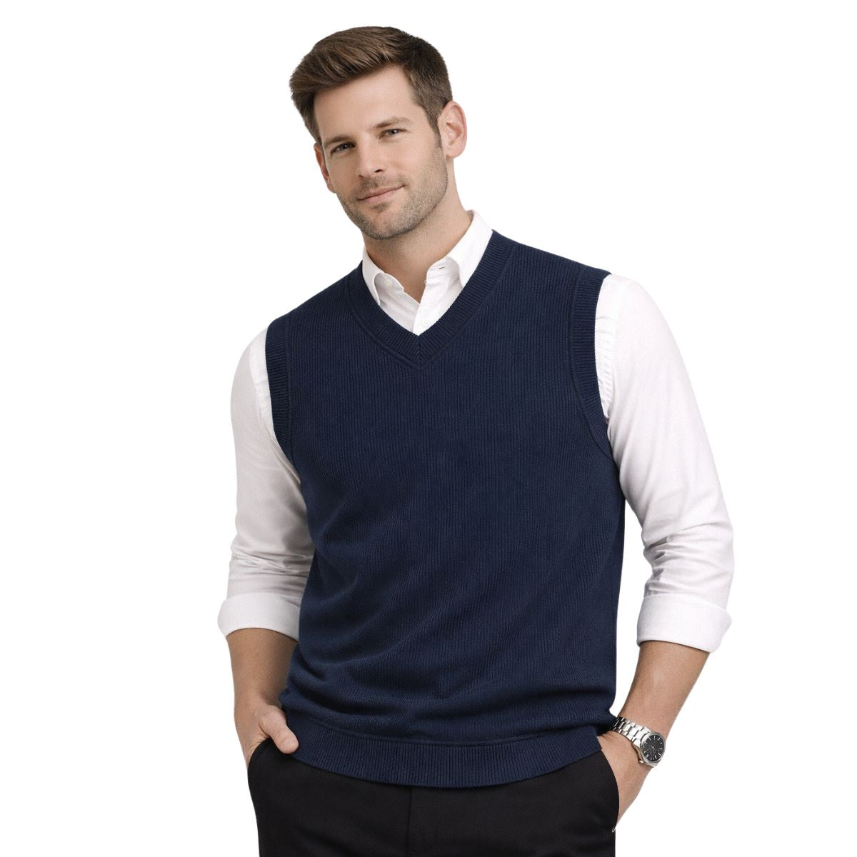 HG Men's Ribbed V-Neck Sleeveless Sweater - Dark Navy