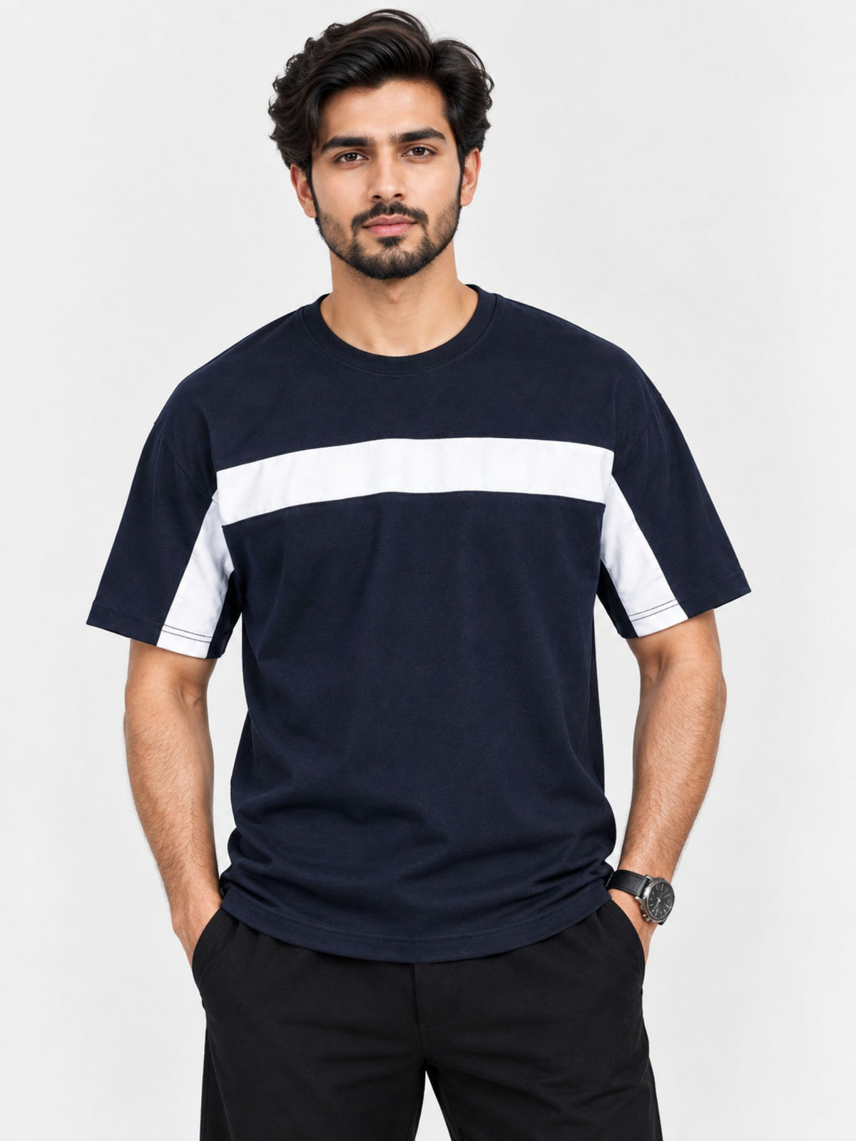 Oversize White Body Panel Fashion Tee Shirt - Navy
