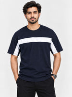 Oversize White Body Panel Fashion Tee Shirt - Navy