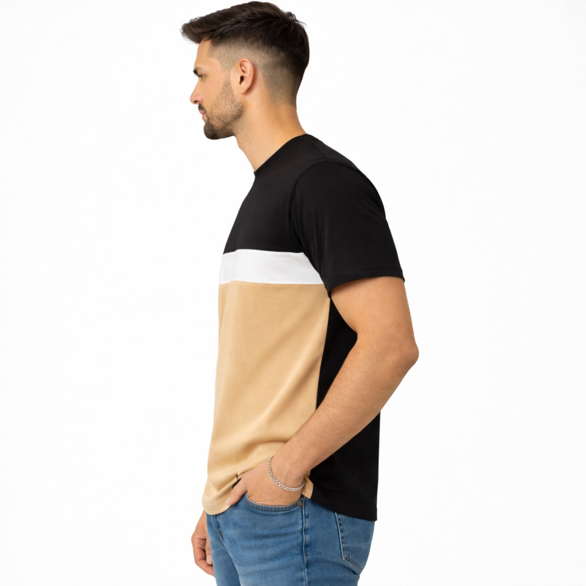 Men's Cut & Sew panel Tee Shirt - Black, White & Skin