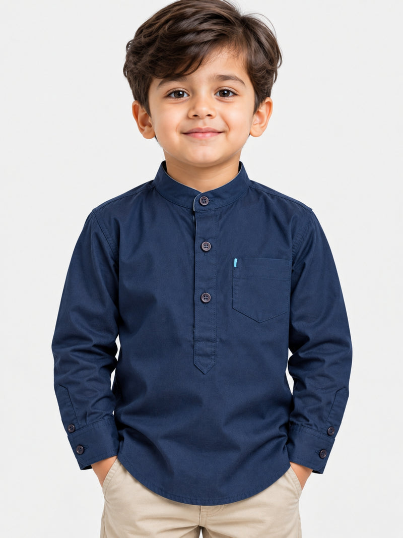 Boy's Mandarin Collar Kurta Style Casual Shirt - Navy
