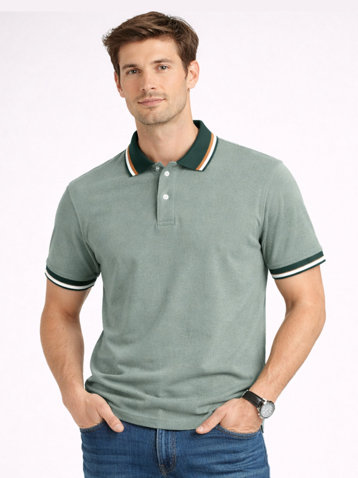 Men’s Premium Contrast Collar Polo Shirt – Spanish Green