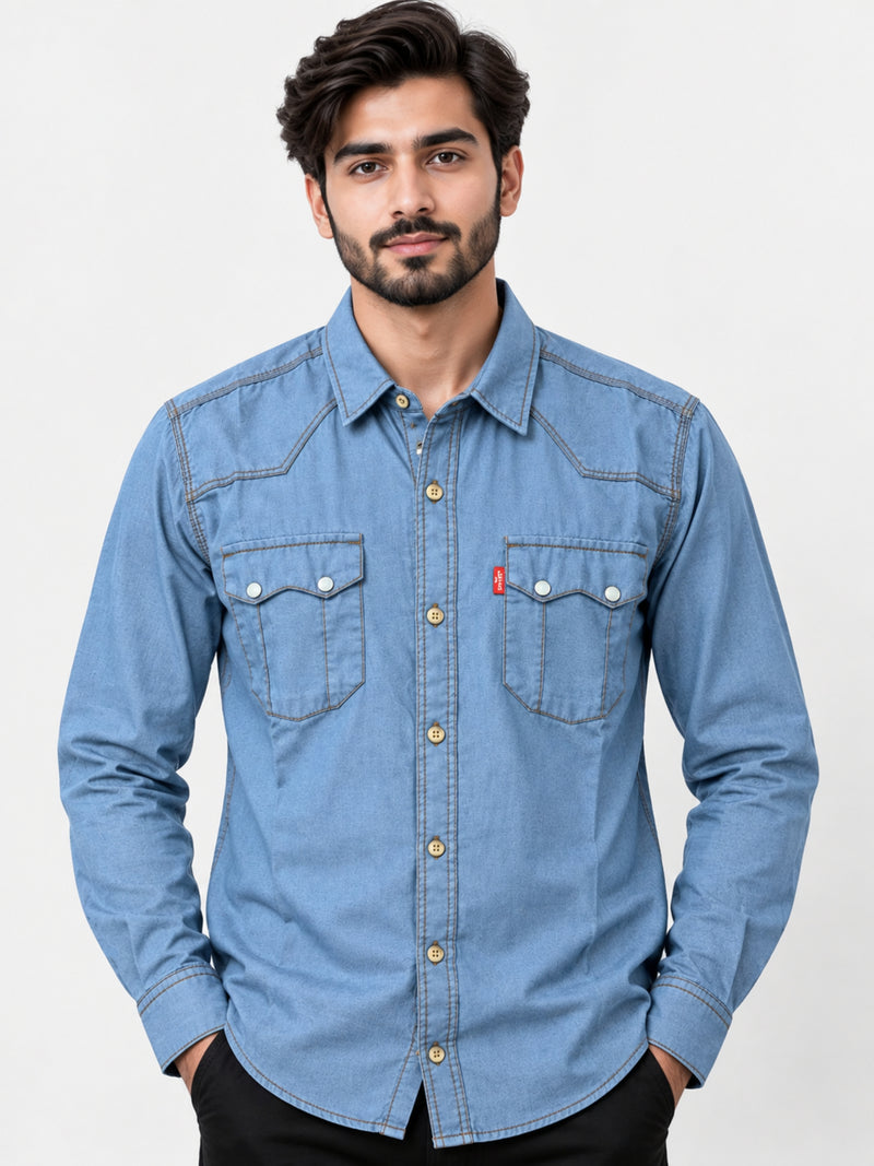 Men's Light Denim Summer Casual Shirt - Navy