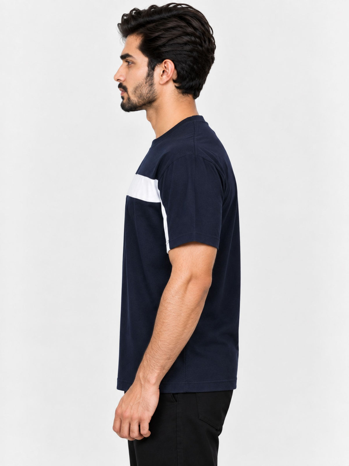 Oversize White Body Panel Fashion Tee Shirt - Navy