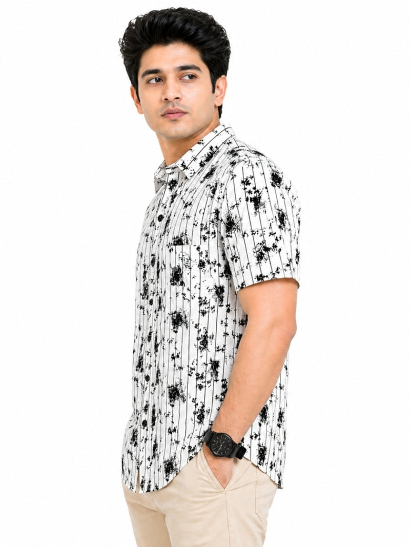 Men’s Abstract Grid Printed Casual Shirt - White