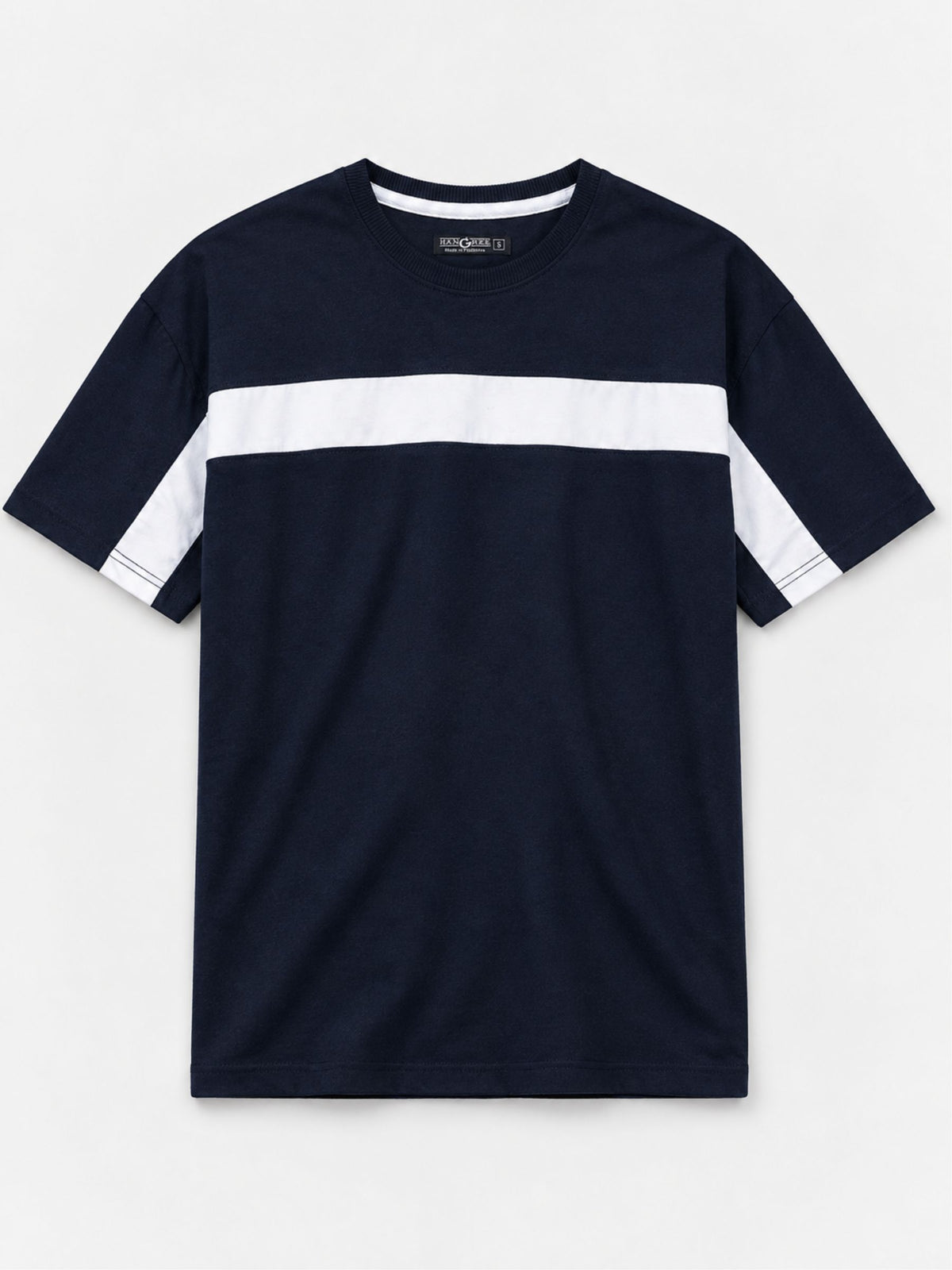 Oversize White Body Panel Fashion Tee Shirt - Navy