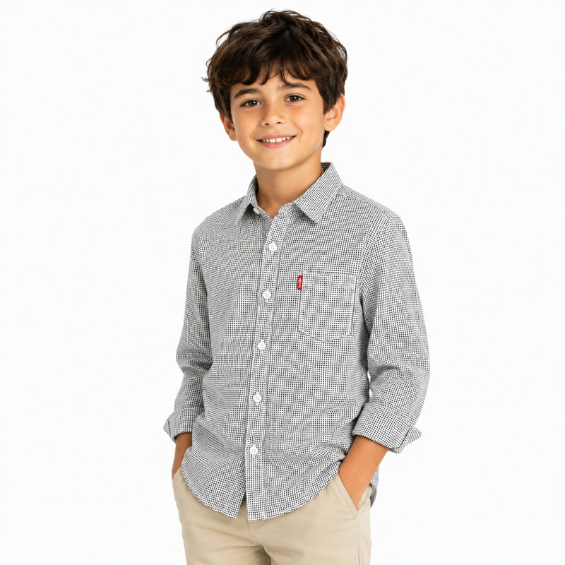 Boy's Geometric Pattern Full Sleeves Casual Shirt - White