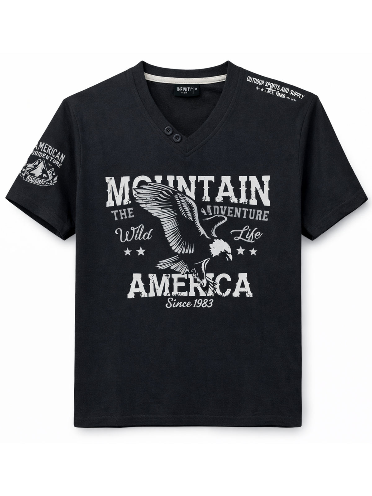 Men's Graphic Printed V Neck Tee Shirt - Black