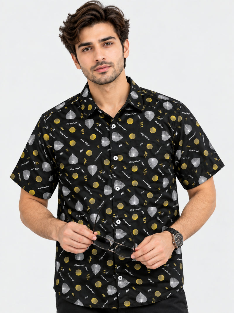 Men’s Leaf & Polka Print Half Sleeve Casual Shirt – Black