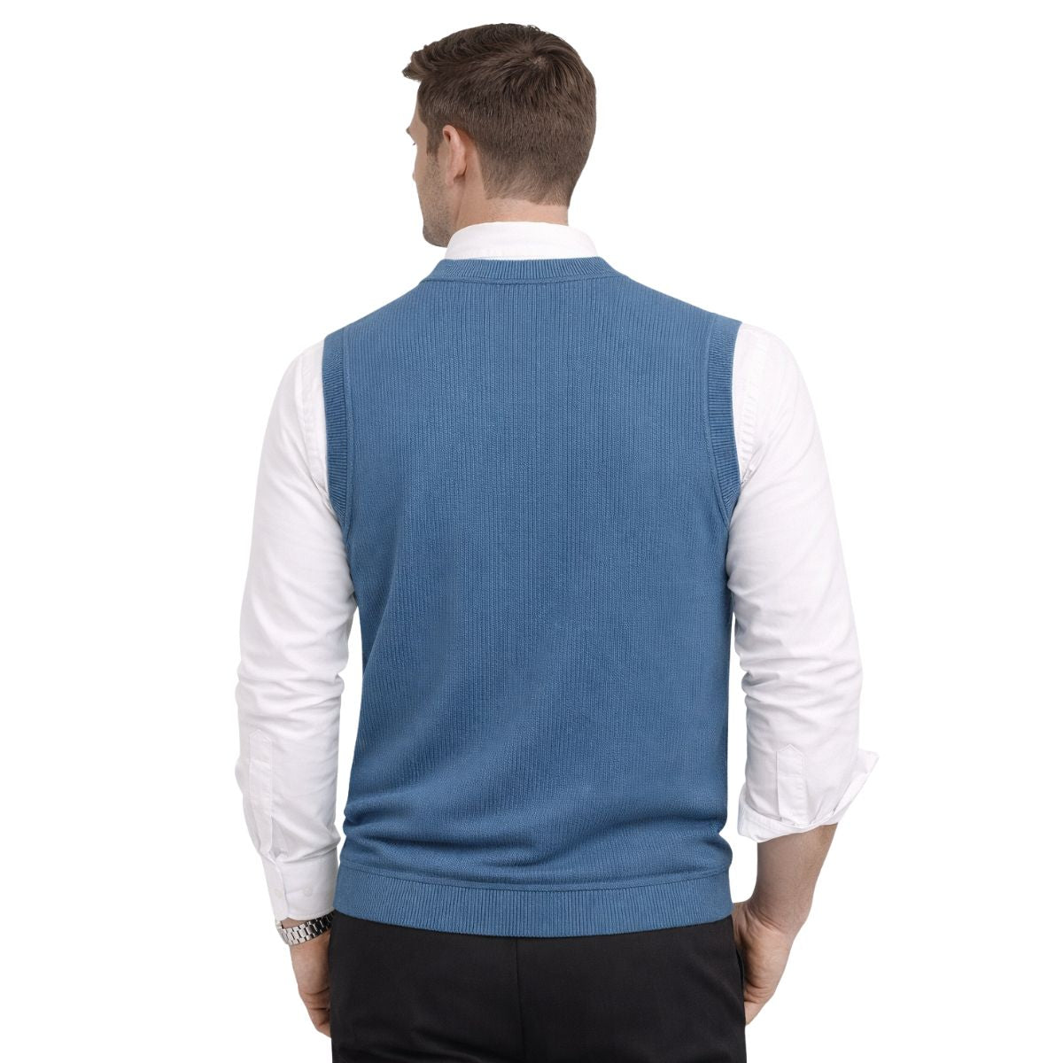 HG Men's Ribbed V-Neck Sleeveless Sweater - Dusky Blue