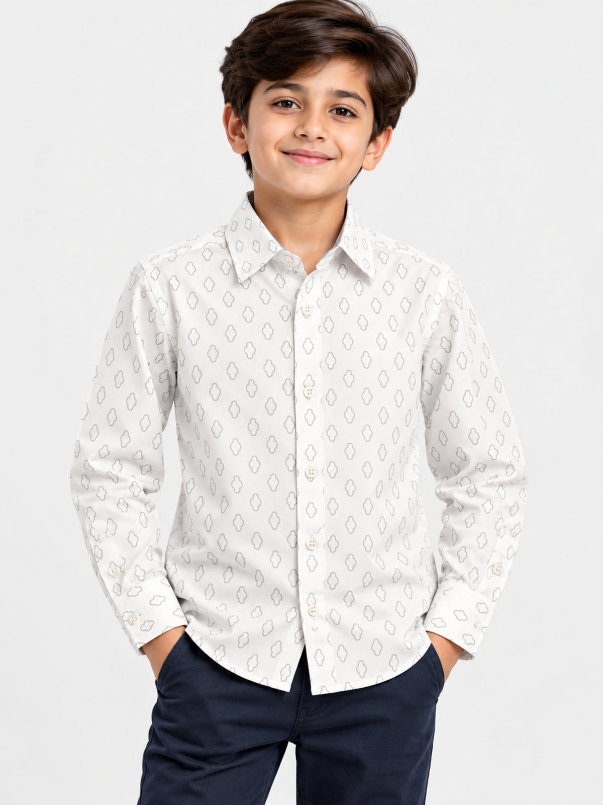 Boy's Self Printed White Casual Shirt